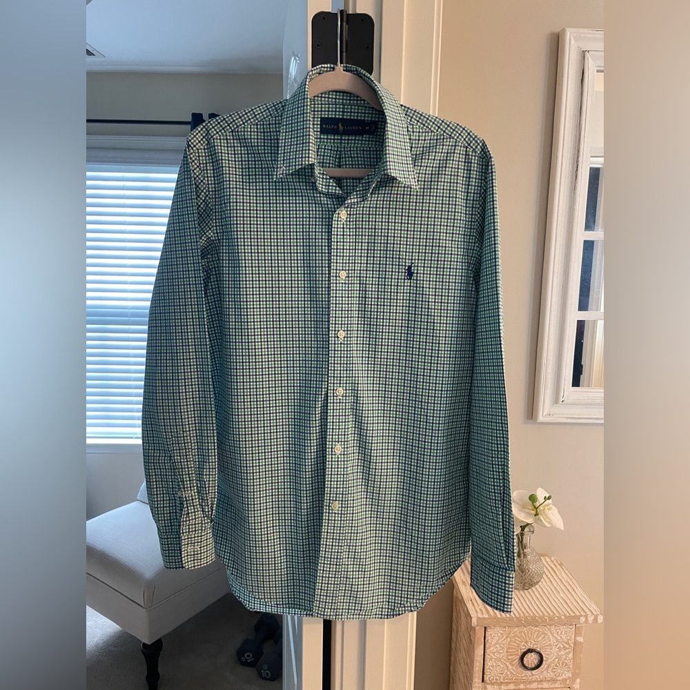 Men's Green Blue and White Ralph Lauren Long Sleeve Button Down - Size Medium